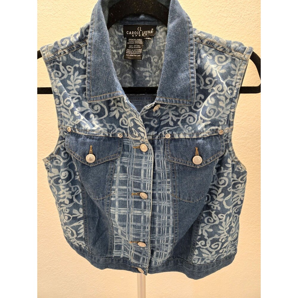 Carole Little Vintage Sport Denim Vest Size M Blue Patterned Button Up Womens